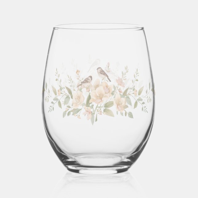 Elegant Modern floral Bird Overlay Flowers wedding Stemless Wine Glass (Back)