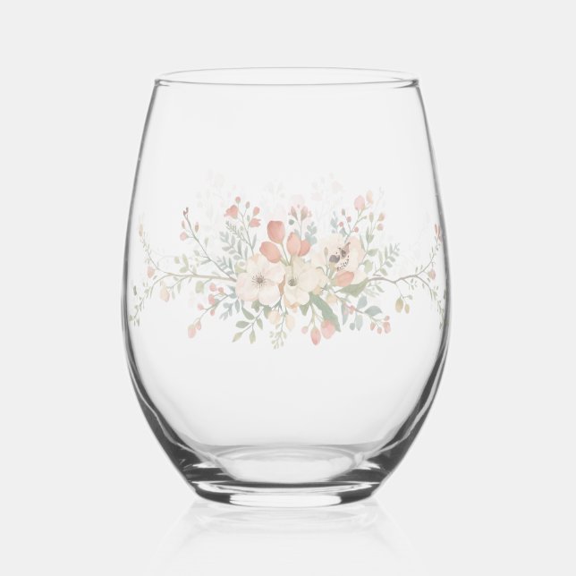 Elegant Modern floral Bird Overlay Flowers wedding Stemless Wine Glass (Front)
