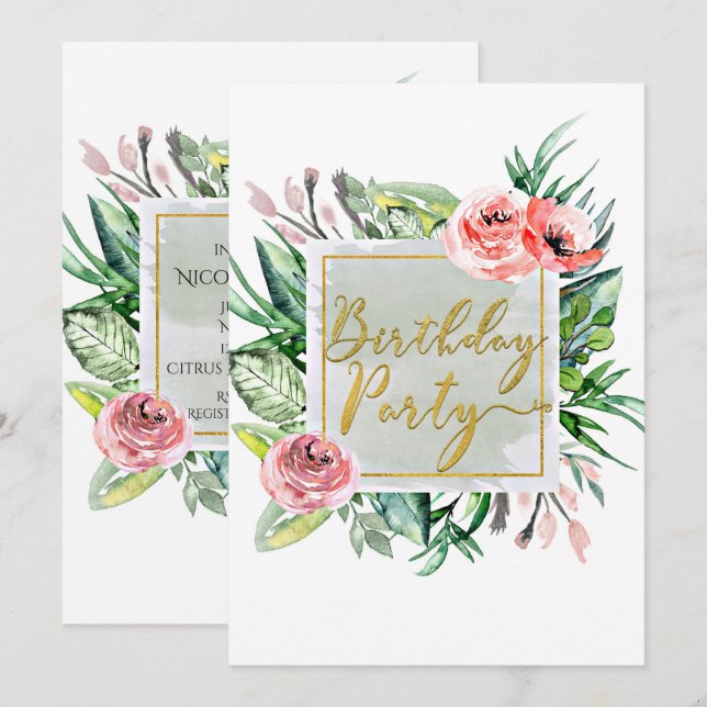 Elegant Modern Floral Birthday Party Invitations (Front/Back)