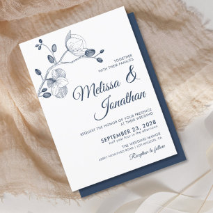 Elegant modern floral blue orchids wedding white invitation