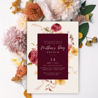 Elegant Modern Floral burgundy Mother's day brunch Invitation