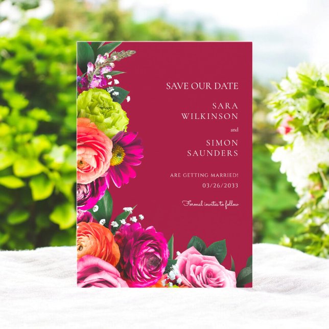 elegant  modern floral burgundy save the date  (save the date card with elegant florals on a fresh burgundy floral background)