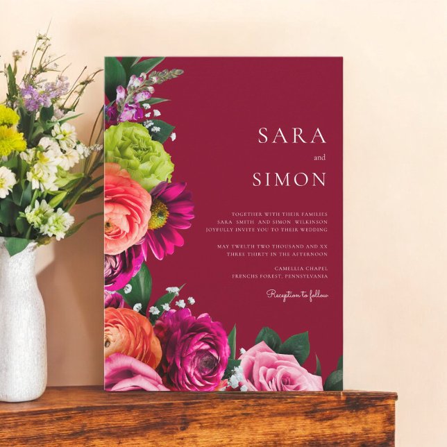 elegant  modern floral burgundy wedding invitation (colorful bold burgandy floral wedding invitation )