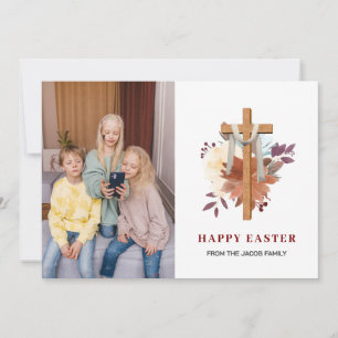 elegant modern Floral Cross Easter family photo Holiday Card