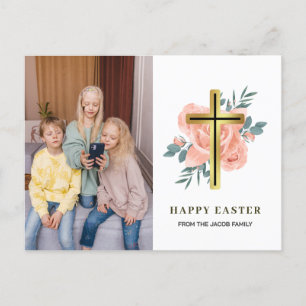 elegant modern Floral Cross Easter family photo Holiday Postcard