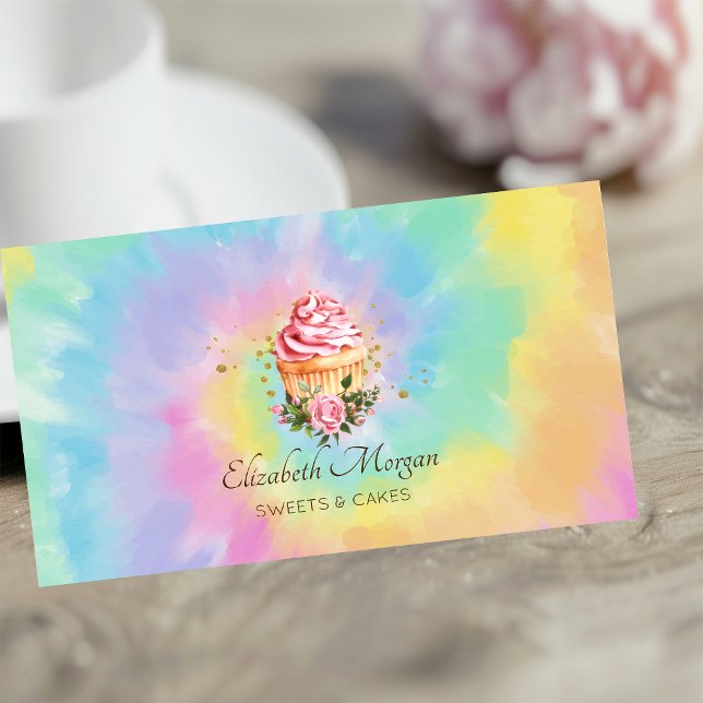 Elegant Modern Floral Cupcake Tie Dye Bakery Business Card (Creator Uploaded)
