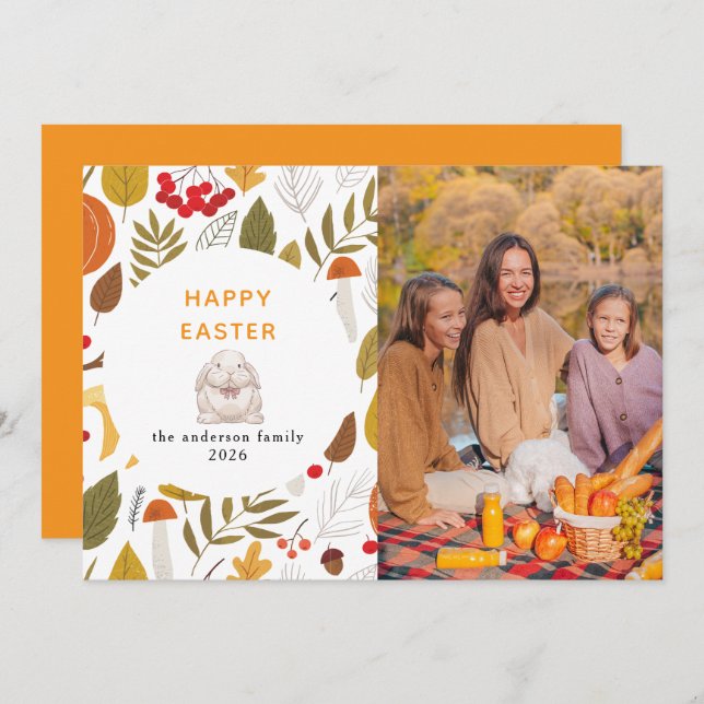 Elegant Modern Floral & Eggs Happy Easter Photo Holiday Card (Front/Back)