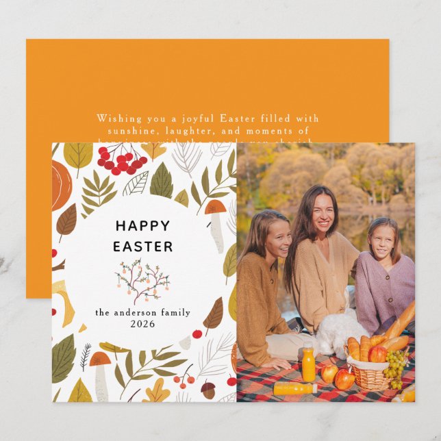 Elegant Modern Floral & Eggs Happy Easter Photo Holiday Card (Front/Back)