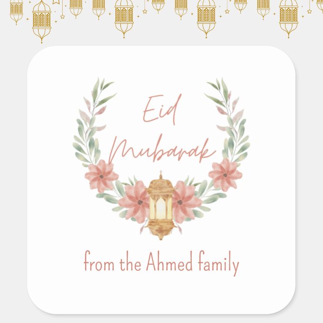 Elegant Modern Floral Eid Mubarak Name Pink White Square Sticker (Elegant, modern Eid Mubarak stickers, for your holiday gifts, cards + crafts! Personalize with name.)
