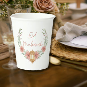 Elegant Modern Floral Eid Mubarak Pink White Paper Cups