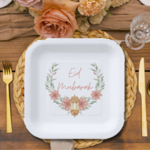 Elegant Modern Floral Eid Mubarak Pink White Paper Plate