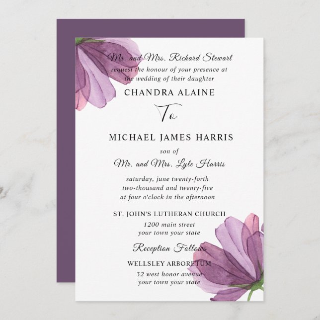 Elegant Modern Floral Formal Wedding Invitation (Front/Back)