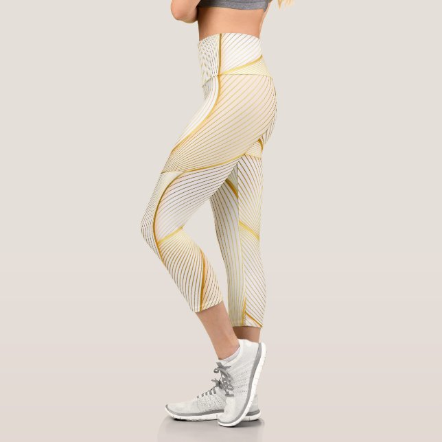 Elegant Modern Floral Gold White Line Collection Capri Leggings (Left)