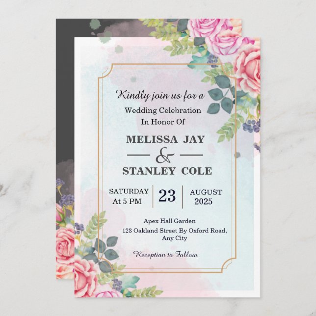 Elegant Modern Floral Greenery Watercolor Wedding  Invitation (Front/Back)