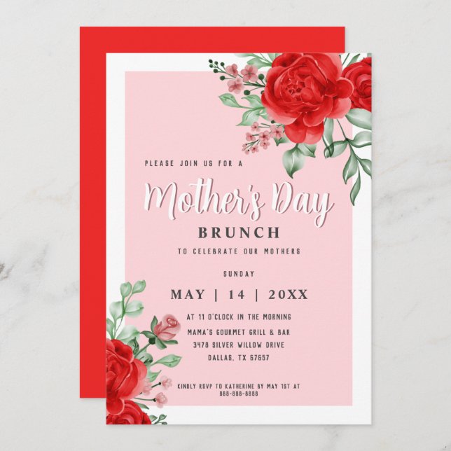 Elegant Modern Floral Mother's Day Brunch Party Invitation (Front/Back)
