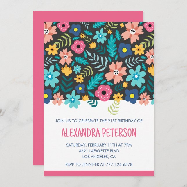Elegant Modern Floral Pattern 91st birthday Invitation (Front/Back)