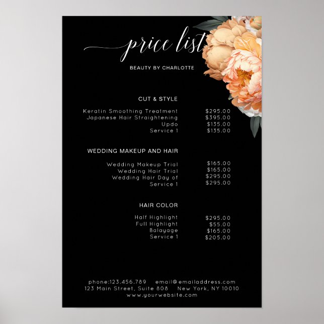 Elegant, Modern, Floral Peony price list    Poster (Front)