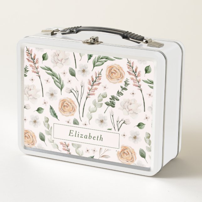 Elegant Modern Floral Personalised Metal Lunch Box (Front)