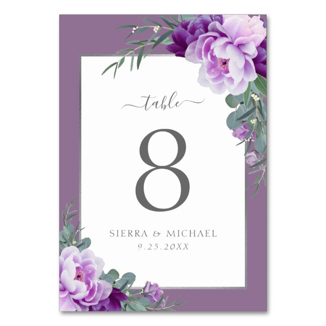 Elegant Modern Floral Purple & Silver Wedding Table Number (Front)