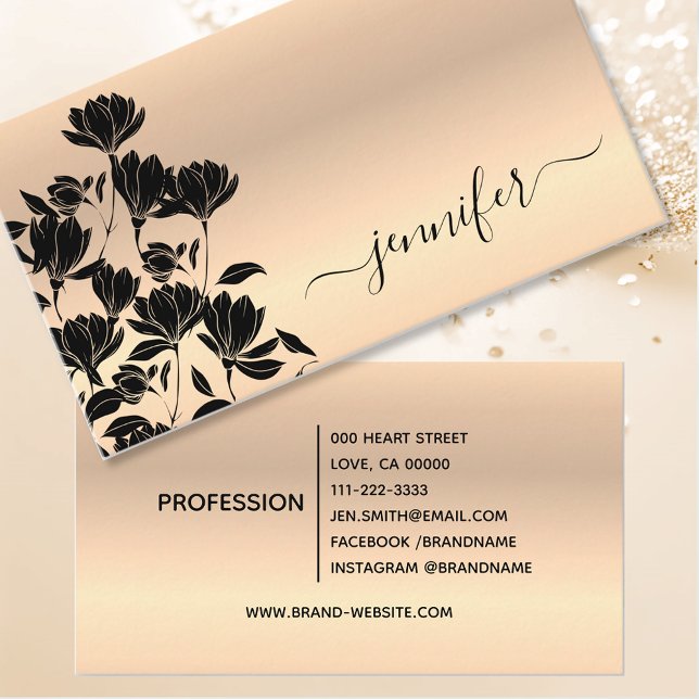 Elegant Modern Floral Rose Gold Black Flowers Cute Business Card (Creator Uploaded)