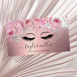 Elegant modern floral rose gold glitter eyelashes business card