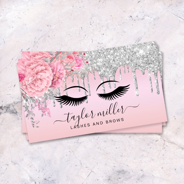 Elegant modern floral rose gold silver eyelashes business card (Creator Uploaded)