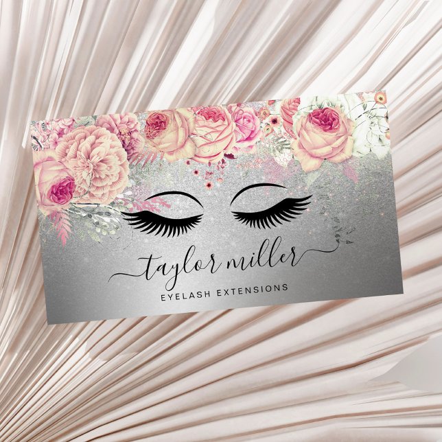 Elegant modern floral silver glitter eyelashes  business card (Creator Uploaded)