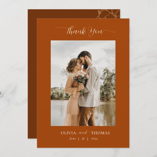 Elegant Modern Floral Sketch Autumn Wedding Photo Thank You Card (Front/Back)