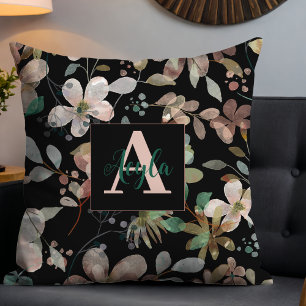 Elegant Modern Floral Watercolor on Black Monogram Cushion