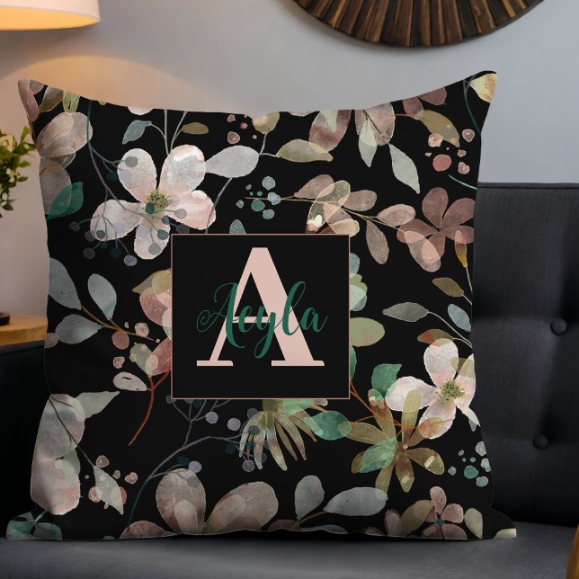 Elegant Modern Floral Watercolor on Black Monogram Cushion (Creator Uploaded)