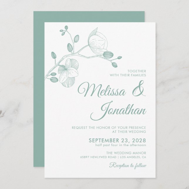 Elegant modern floral white green orchids wedding invitation (Front/Back)