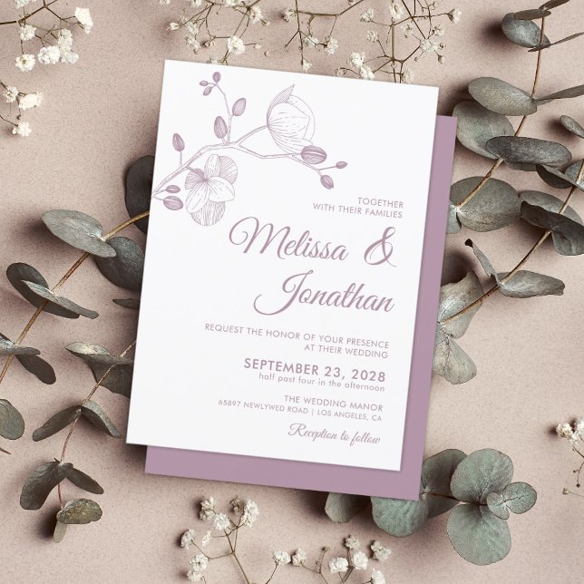 Elegant modern floral white purple orchids wedding invitation (Creator Uploaded)