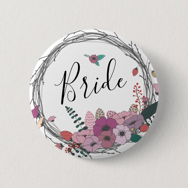 Elegant & modern flower wreath bride 6 cm round badge (Front)