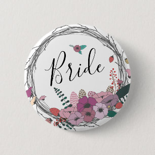 Elegant & modern flower wreath bride 6 cm round badge