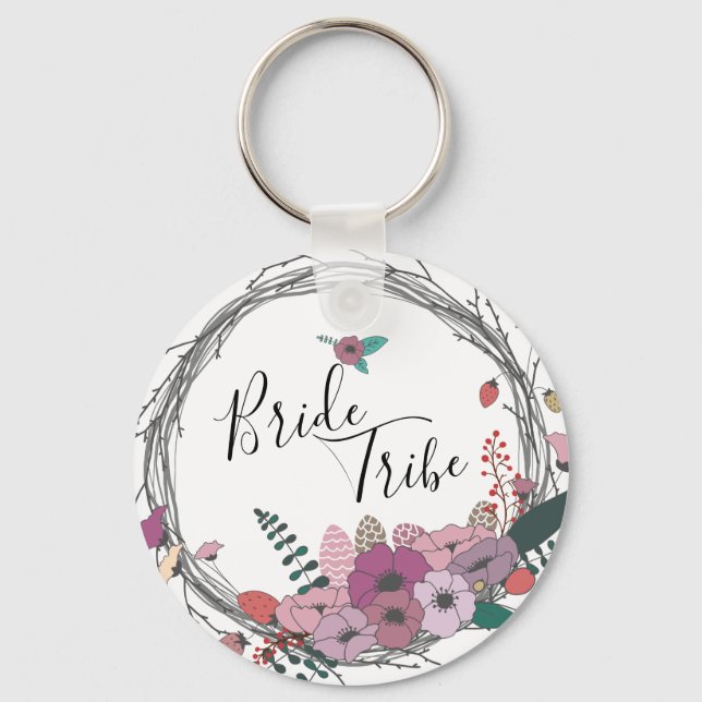 Elegant & modern flower wreath bride tribe key ring (Front)