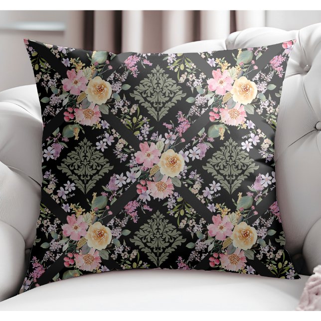 Elegant Modern Flowers and Floral Damask Black Cushion (Creator Uploaded)