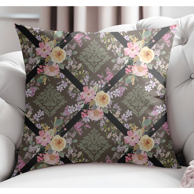 Elegant Modern Flowers and Floral Damask Brown Cushion (Creator Uploaded)
