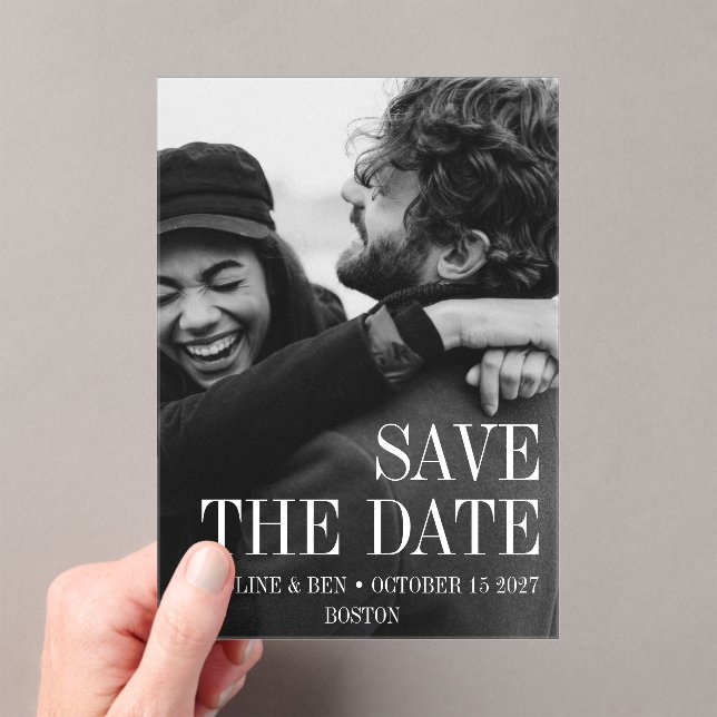 Elegant Modern Full Photo Save the Date Wedding Acrylic Invitations (Insitu (Handheld))