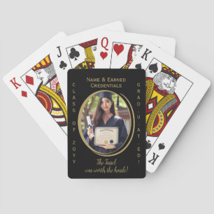 Elegant Modern & Fun Black & Gold Graduation Photo Playing Cards