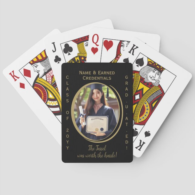 Elegant Modern & Fun Black & Gold Graduation Photo Playing Cards (Back)