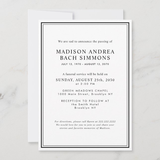 Elegant Modern Funeral Service Celebration of Life Invitation (Front)