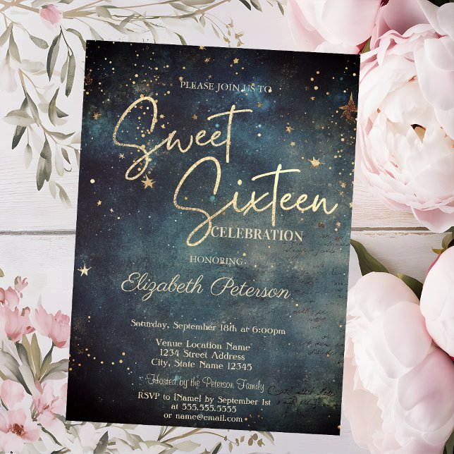 Elegant Modern Galaxy Stars Blue Sweet 16 Invitation (Creator Uploaded)