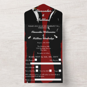 Elegant Modern Gay Men Burgundy Red Wedding All In One Invitation