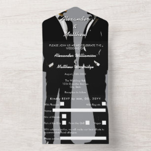 Elegant Modern Gay Men Wedding Grey Black All In One Invitation
