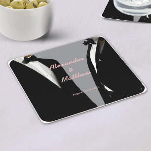 Elegant Modern Gay Men Wedding Grey Black Tuxedo Square Paper Coaster