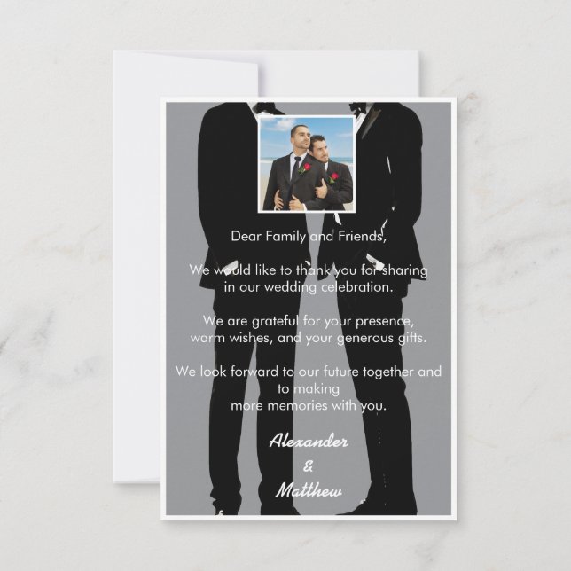 Elegant Modern Gay Men Wedding Photo Thank You Card (Back)
