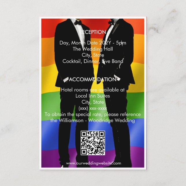 Elegant Modern Gay Men Wedding Rainbow Enclosure Card (Back)