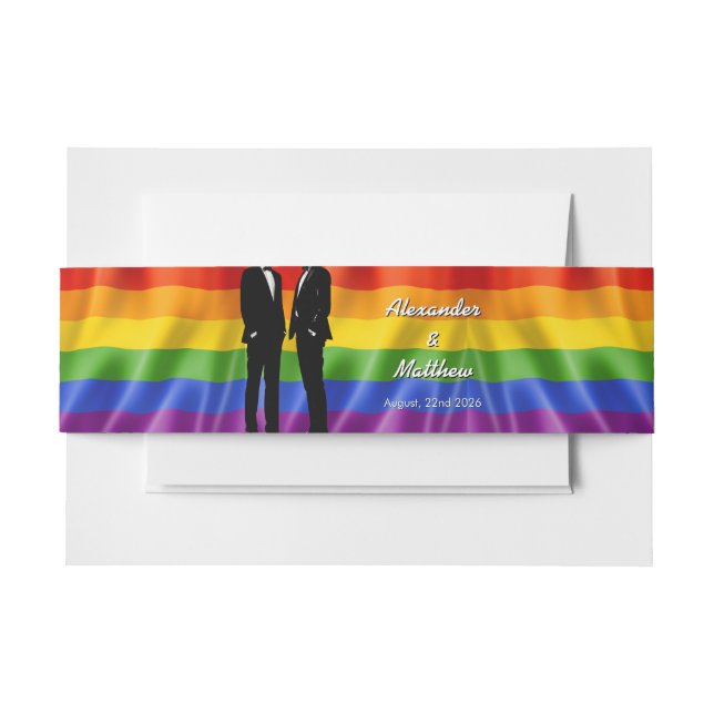Elegant Modern Gay Men Wedding Rainbow  Invitation Belly Band (Front Example)