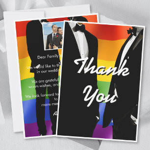 Elegant Modern Gay Men Wedding Rainbow Photo Thank You Card