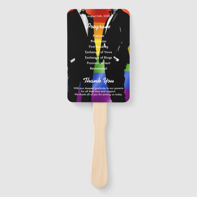 Elegant Modern Gay Men Wedding Rainbow Program Hand Fan (Front)